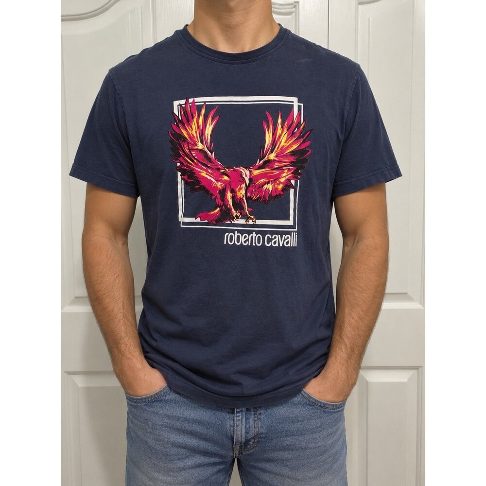 Roberto Cavalli Men's Blue Eagle Graphic Logo Crew Neck Cotton Tee Size XL